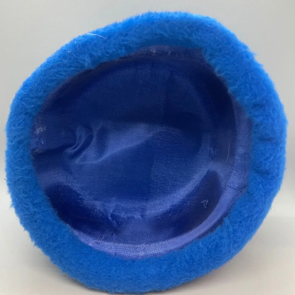 Vintage Electric Blue Fuzzy Wool Pillbox Hat Mauve Satin Bow Mid Century Modern